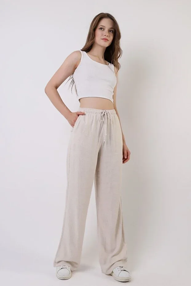 diaves Beige Linen Blend Loose Fit Trousers