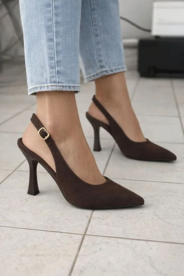 Women's Coffee Suede Buckled Pointed Toe Chic Heeled Shoes