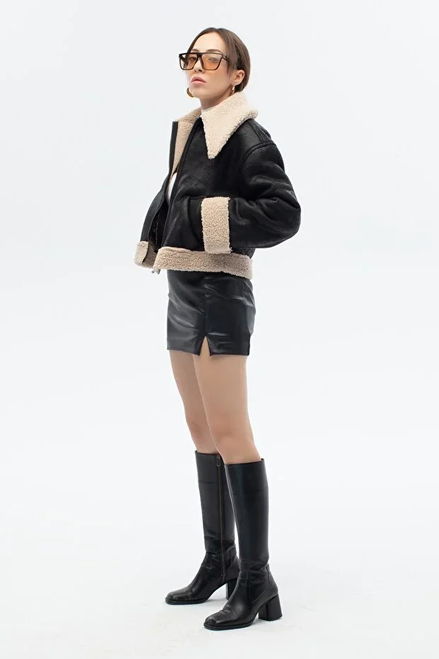 Patterned Regular Fit Coat with Fur-Detailed Collar #4130