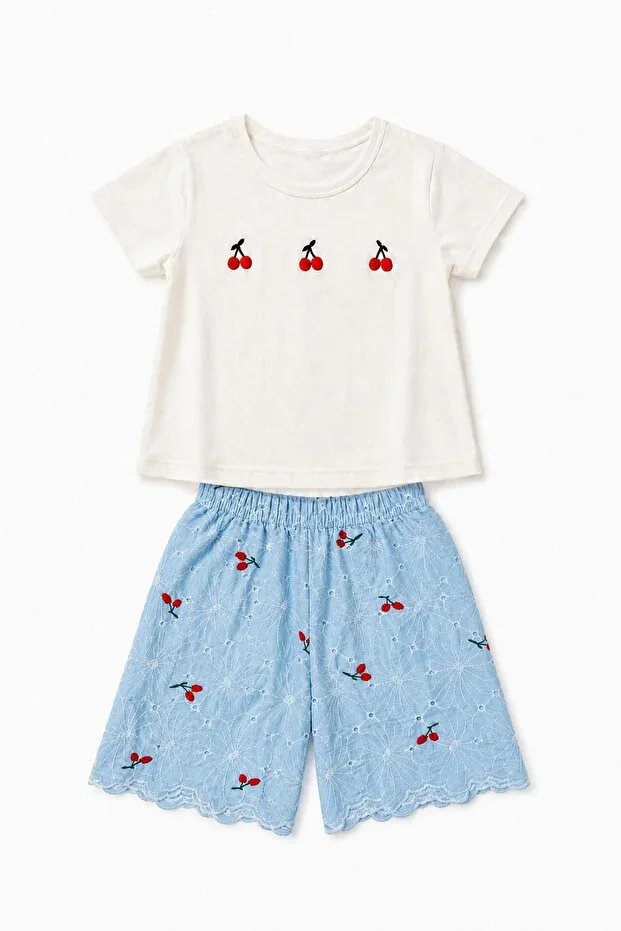 Girls Cherry Embroidered T-shirt and Broderie Shorts Set