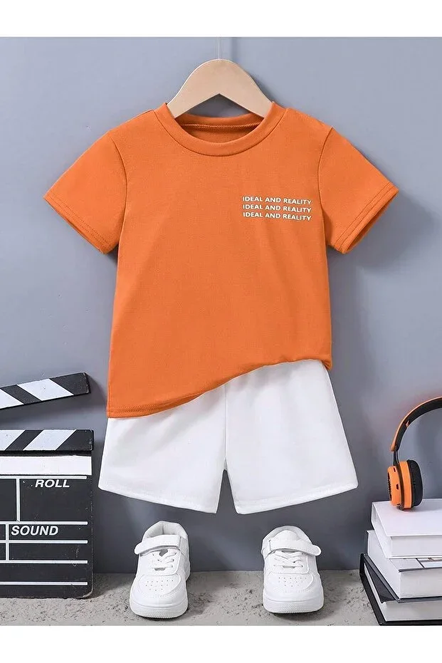 Ideal Printed Cotton Kids White Shorts Orange T-shirt Set - Girls Boys Summer Crew Neck