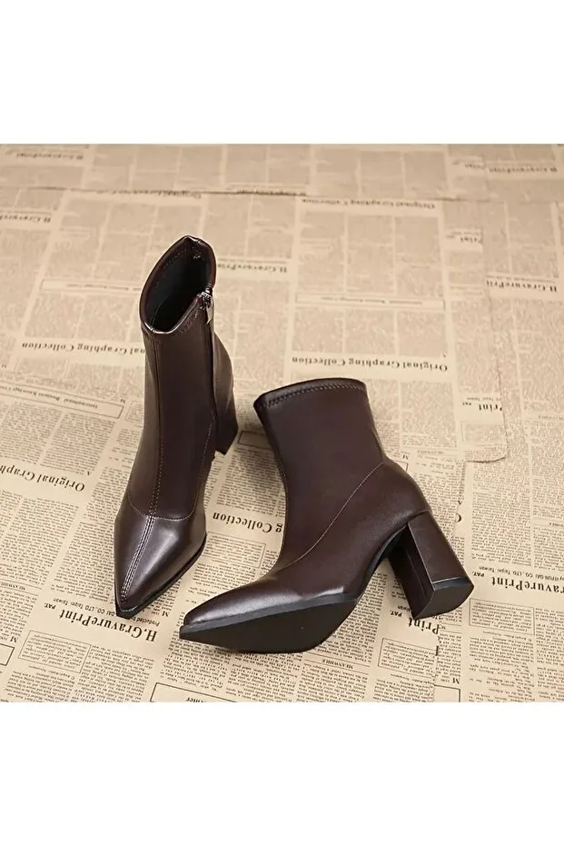Women's Black Leather Stretch Ankle High Heel Boots Shoes Zipper