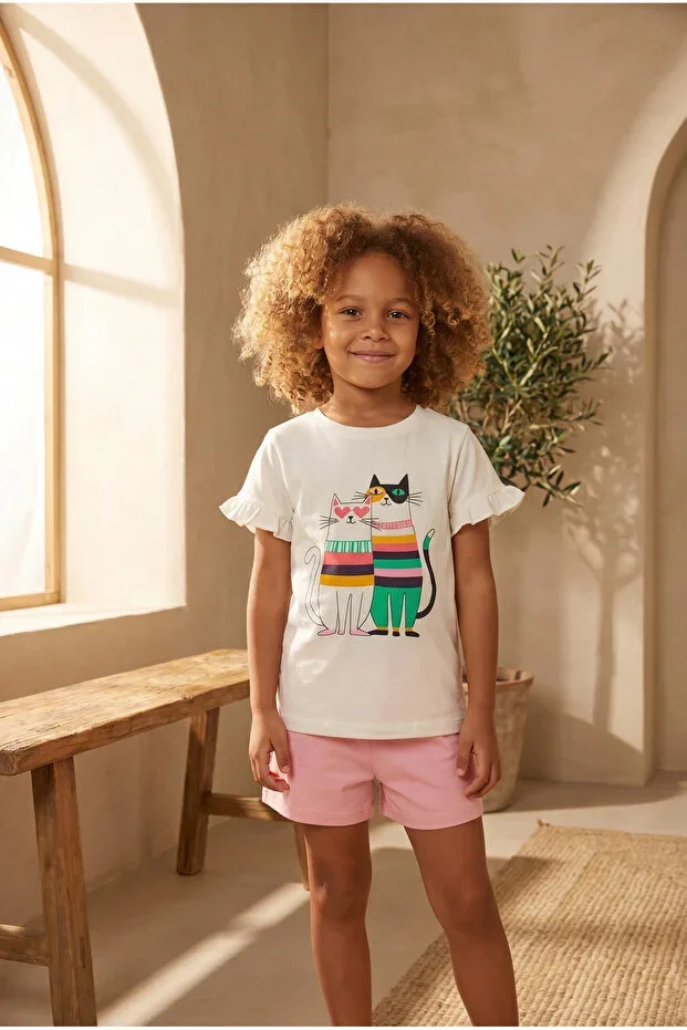 Children's Cat Print Pajama Set with Shorts