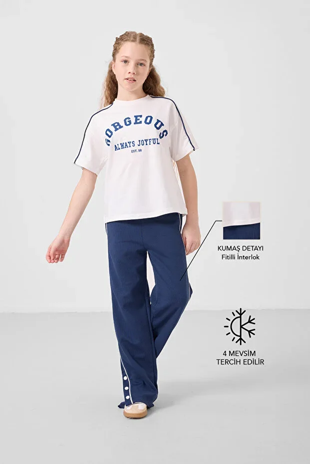 Ekru-Parlament O Neck Printed Wide Leg Snap Detail Girl Palazzo Sweatpants Set - 75172