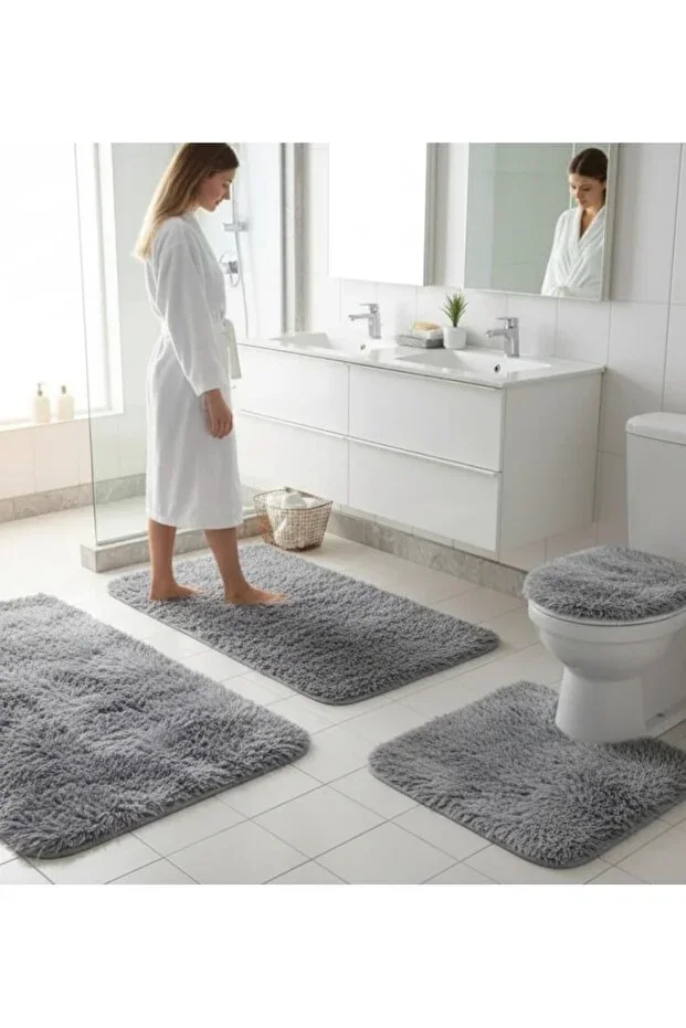 BATHROOM MAT 4PCS Shaggy MAT SET LIGHT GRAY LARGE SIZE 60X100 NON-SLIP SOLE