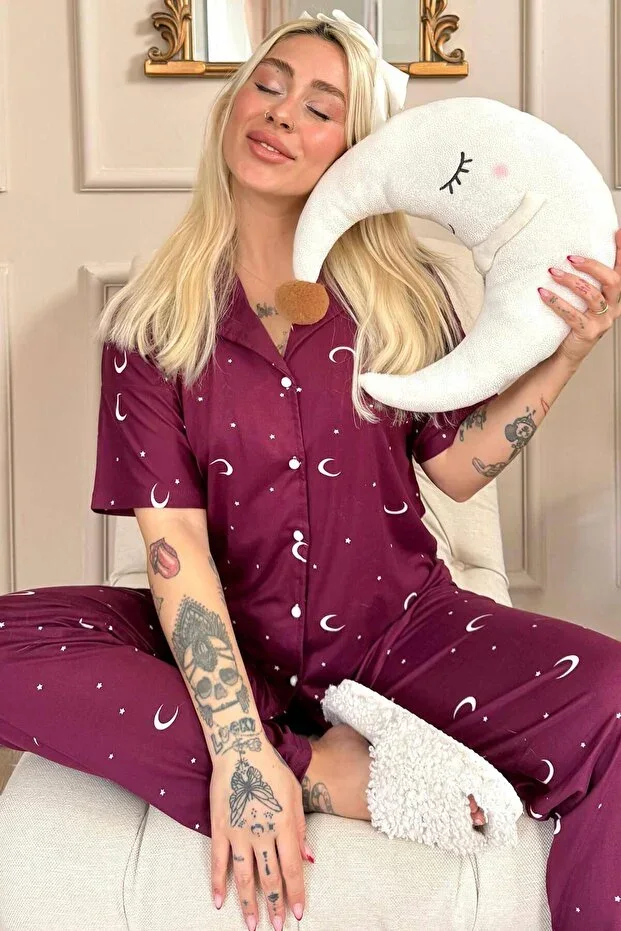 Pijamaevi Purple Moon Star Patterned Bamboo Button-Front Short Sleeve Pajama Set