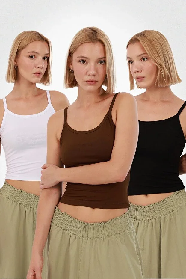 Women's Strap Tank Top 3-Piece Set – Black White Brown
