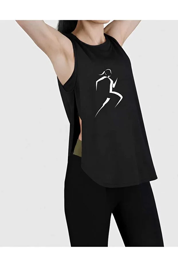 Run Girl Runner Women Black Slit Detail Fitness Yoga Sports Running Tank Top