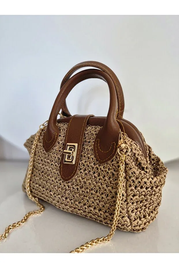 Women's Straw Woven Handbag and Shoulder Bag - Leather Detail Strap Vintage Handbag