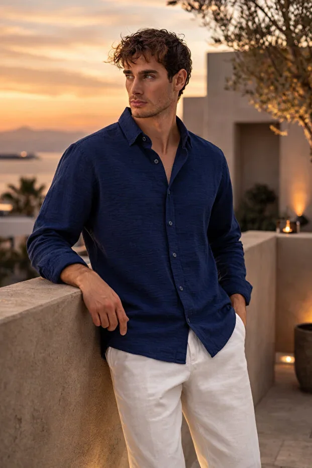 Pera Fabric Half Oversize Long Sleeve Men's Shirt - Navy Blue