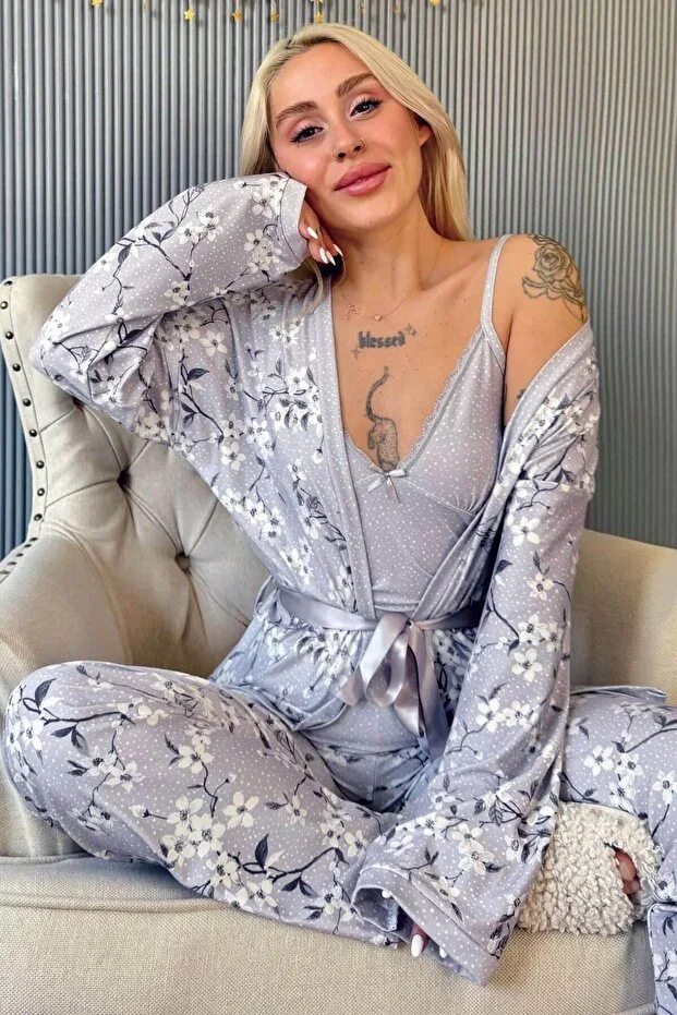 Pijamaevi Grey Flore Exclusive Knitted Women's Robe Pajama Set
