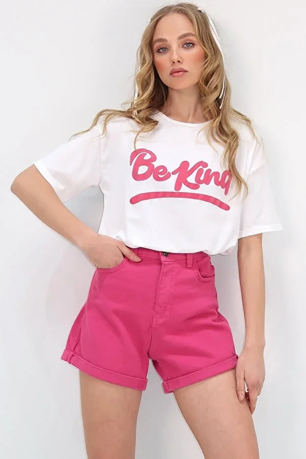 Women's White Crew Neck T-Shirt with Front Print ALC-X12073