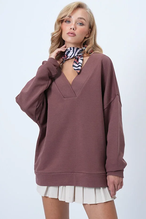Brown V-Neck Crossover Cut Oversize Sweatshirt ALC-X14555