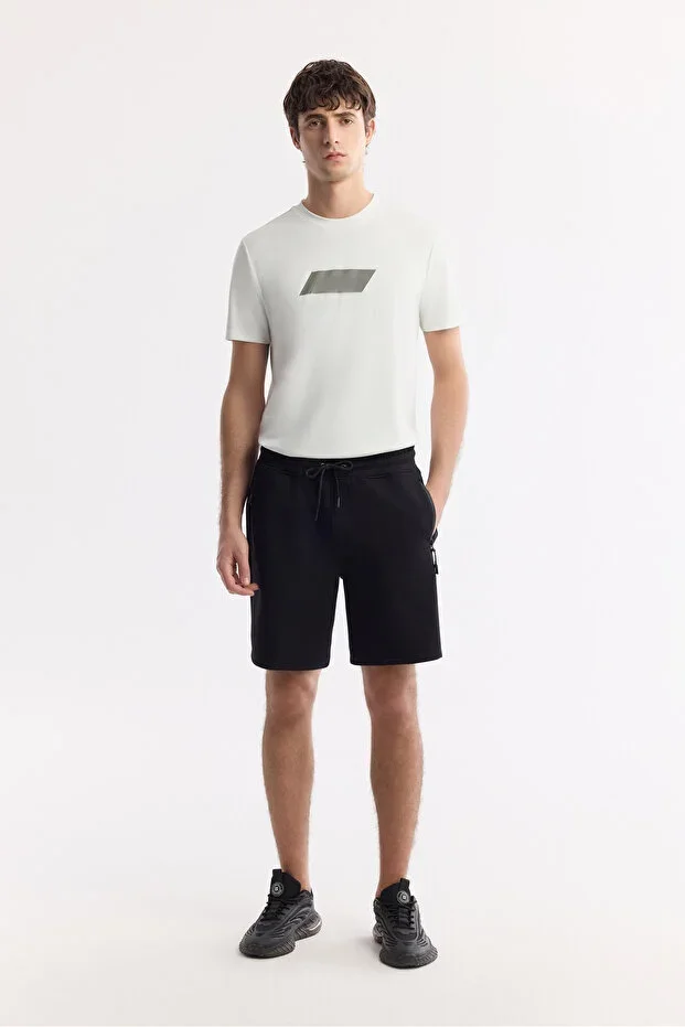 Men's Black Elastic Waist Lace-Up Bi-Stretch Interlock Regular Fit Shorts A51Y3631