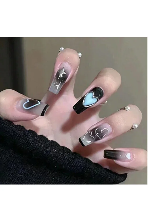 24 pcs Black & Blue Heart Designed False Nail Set / Prosthetic Nail Set