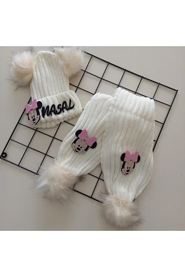 Baby Girl Name Krem Ponponlu Scarf Hat Set