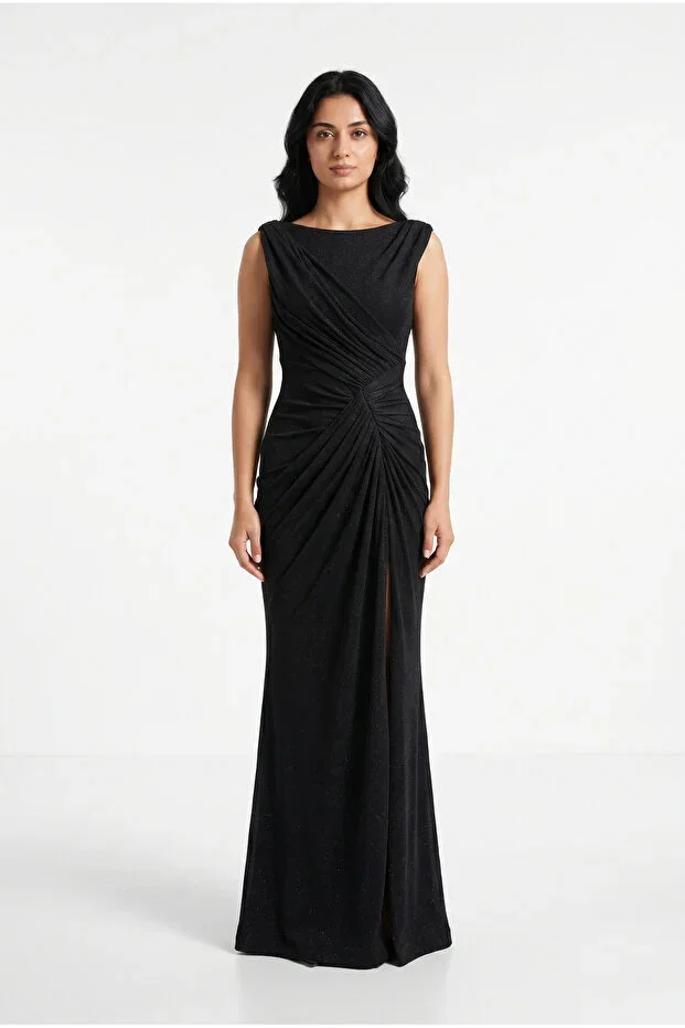 BDM Exclusive Sparkling Drape Detailed Boat Neck Long Slit Premium Evening Dress