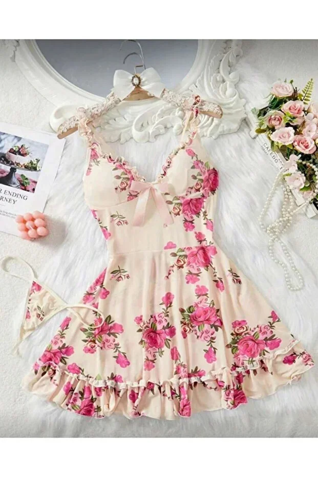 Women's Pink Rose Patterned V-Neck Spaghetti Strap Ruffled Soft Dress Set with Tanga Gift