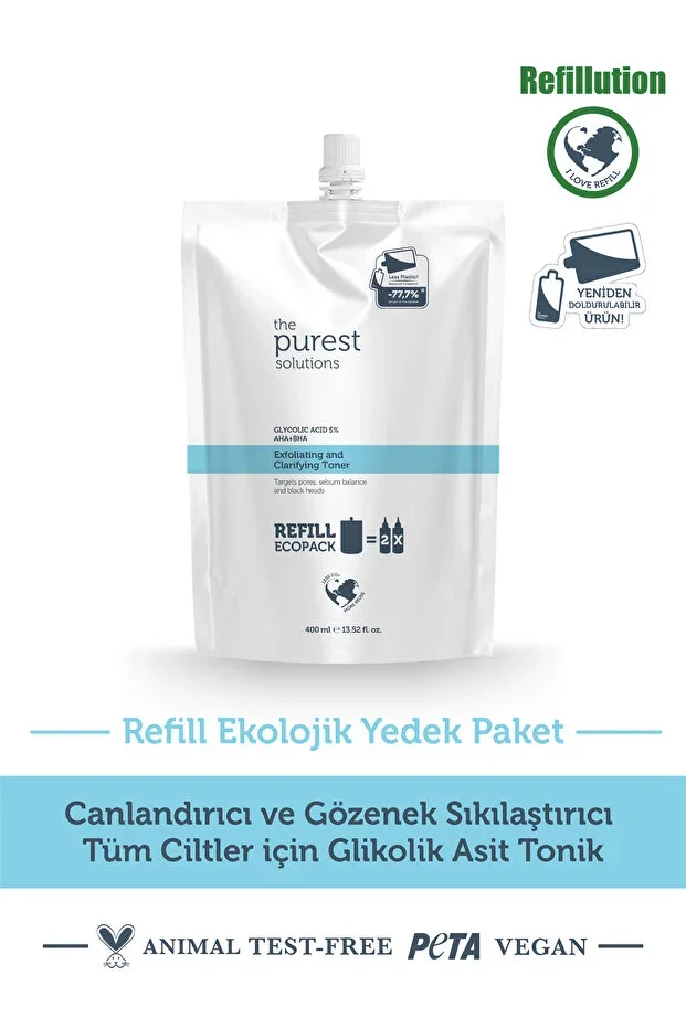 The Purest Solutions Revitalizing, Pore Tightening Glycolic Acid Tonic for All Skin Types Eco Refill Pack 400 ml