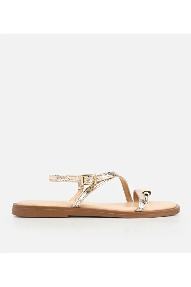 Women's Leather Gold Stone Detailed Toe Post Flat Sandals