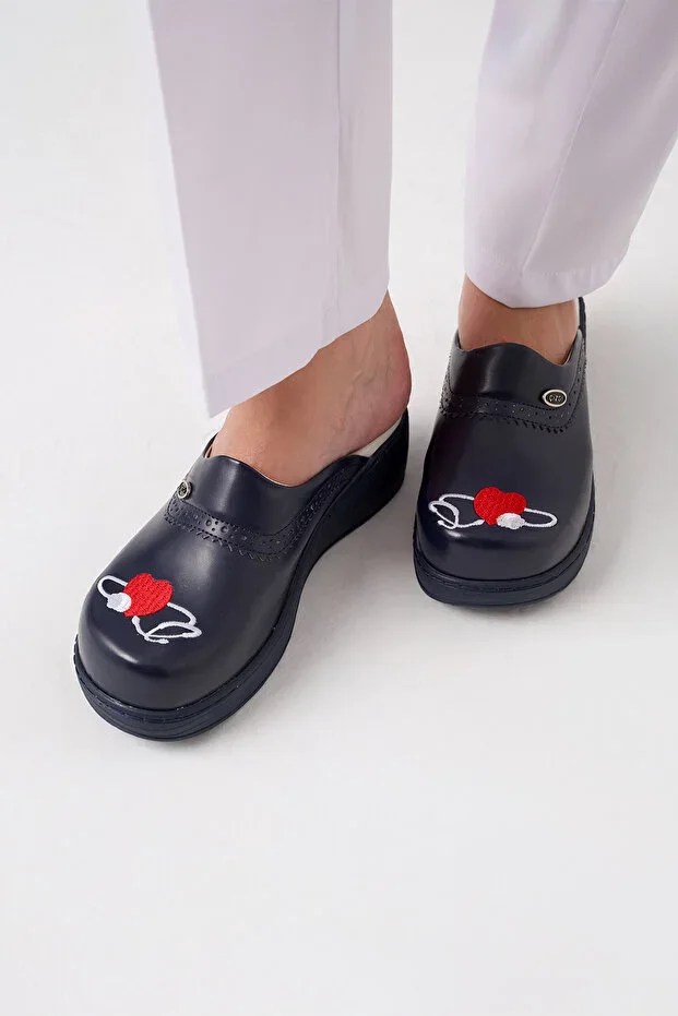 Navy Blue Vivanakış Sabo Slippers Embroidered Orthopedic Doctor Nurse Hospital Slippers