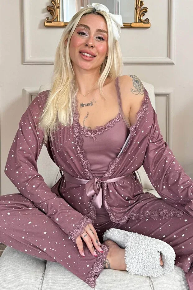Dark Pink Mini Star Patterned Bamboo Robe Women's Pajama Set