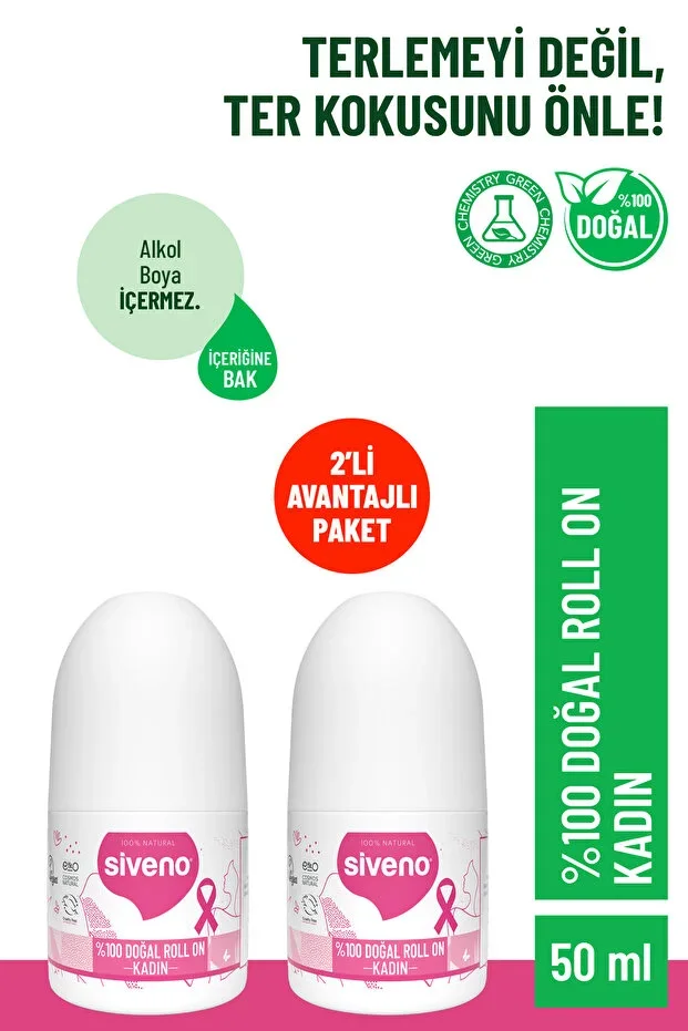 %100 Natural Roll-On Women's Deodorant Anti-Odor Herbal Stain-Free Vegan 50 ml X2 Pcs