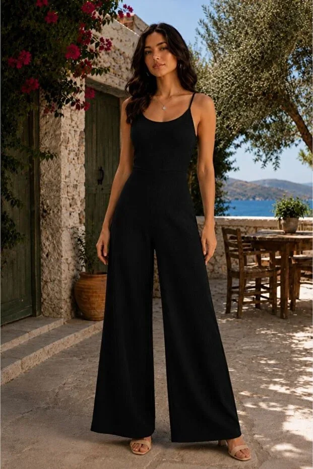 Women's Crushed Fabric Strappy Wide Leg Jumpsuit