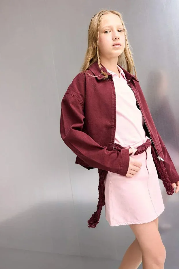 %100 Cotton School Gabardine Zippered Crop Jacket Girls F7517A825AU
