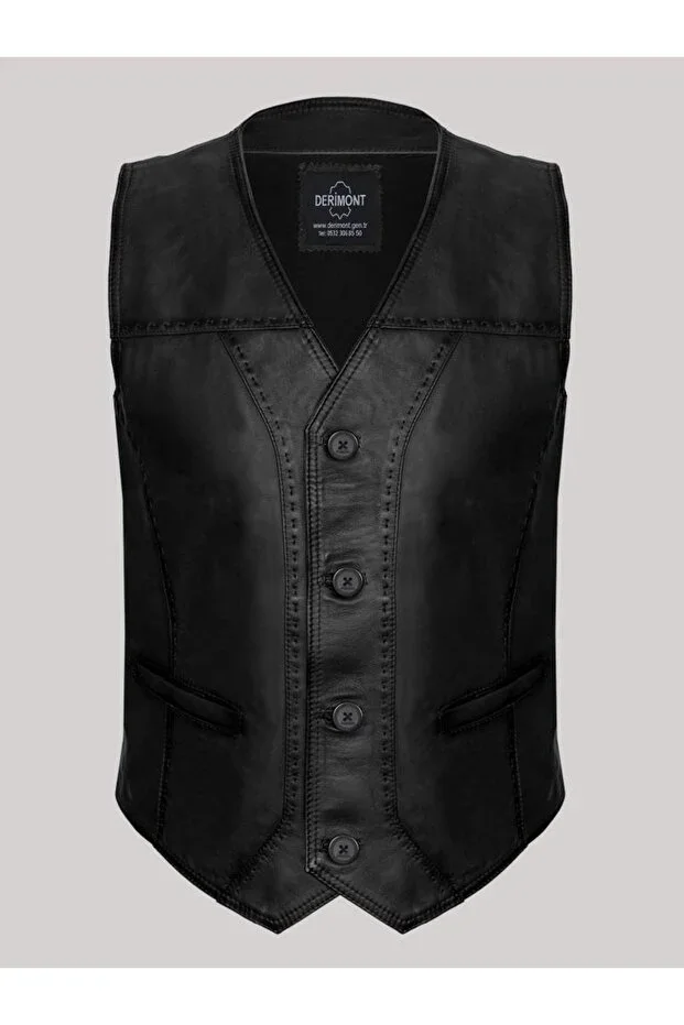Genuine Leather Embroidered Buttoned Men's Vest Black