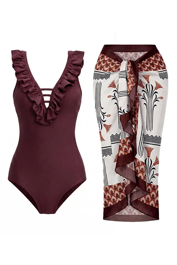 CUPSEA Slimming Effect Ruffled Front Burgundy Swimsuit Authentic Casablanca Pareo 2-Piece Set