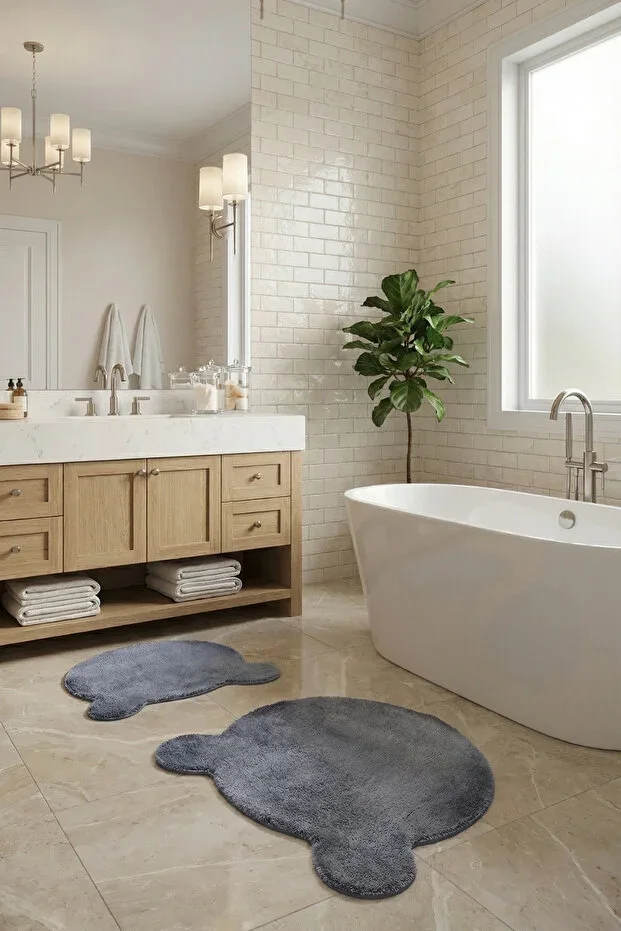 Bear 2-Piece Plush Bath Mat Set 50x50+75x75 cm Non-Slip Latex Base, Soft Surface, Washable