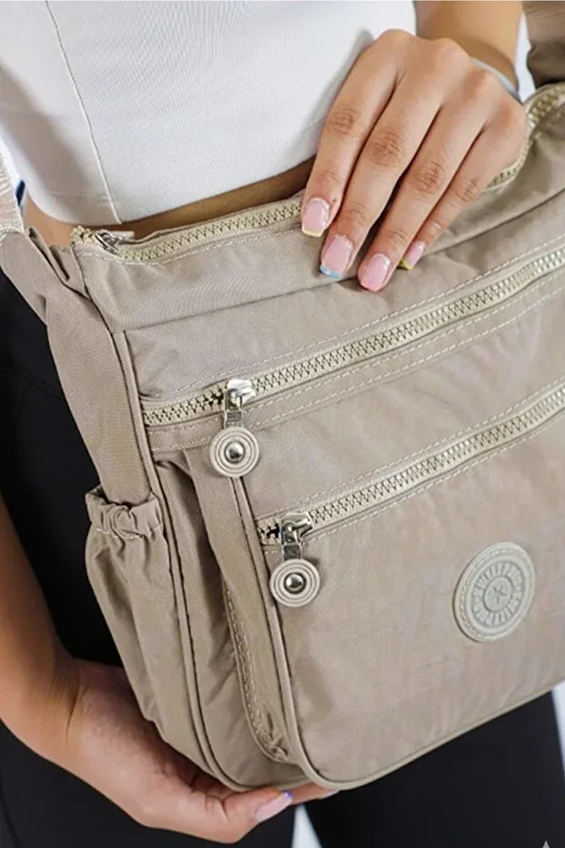 Women's Waterproof Crinkle Fabric 4 Compartment Elastic Sides Medium Size Messenger Shoulder Bag