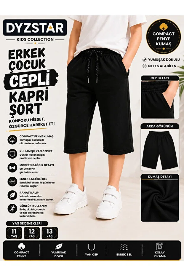 Boys Pocket Capri Shorts Black Compact Combed Cotton Relaxed Fit Elastic Waist Summer Capri 11-12