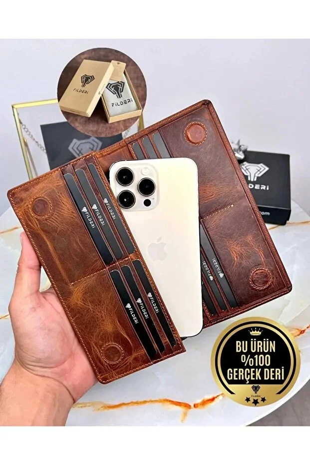 Phone Compartment - Genuine Leather Wallet - Magnetic and Hand Strap - Hazelnut Color Large Portfolio 2028