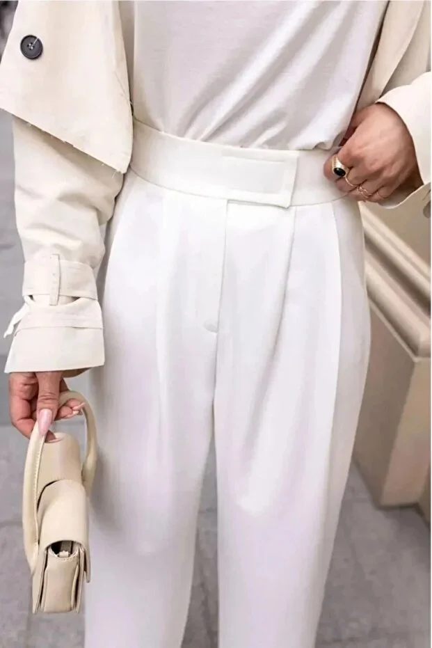 BİLDESHA Women's High Waist Velcro Waist White Palazzo Pants
