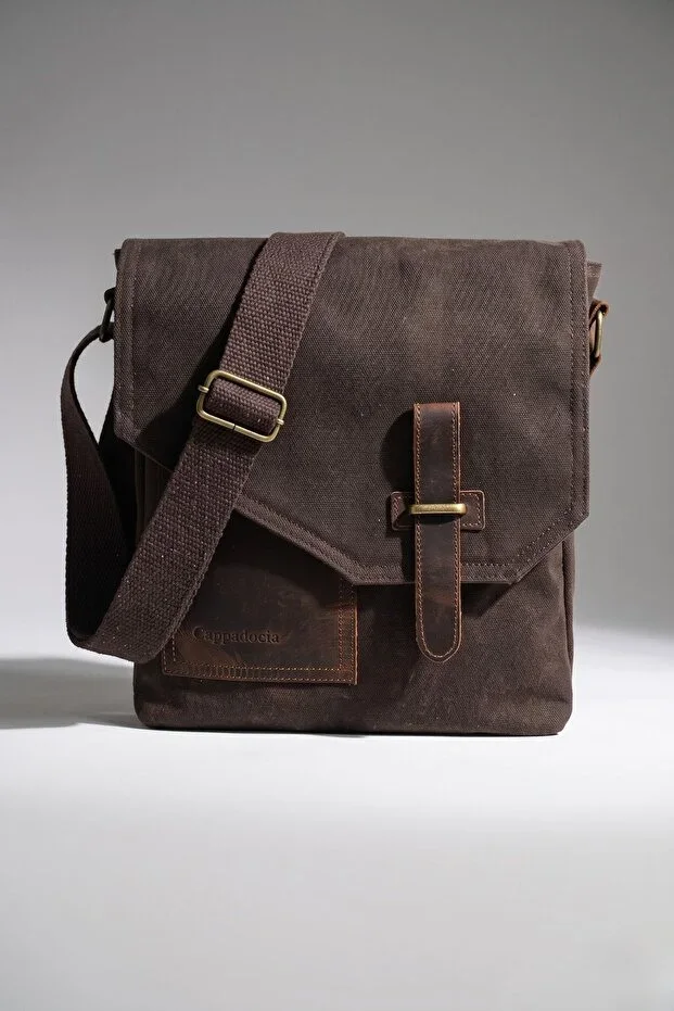 Genuine Leather 4035 Teos Dark Coffee Water Resistant Messenger Shoulder Waxed Canvas Laptop School Bag