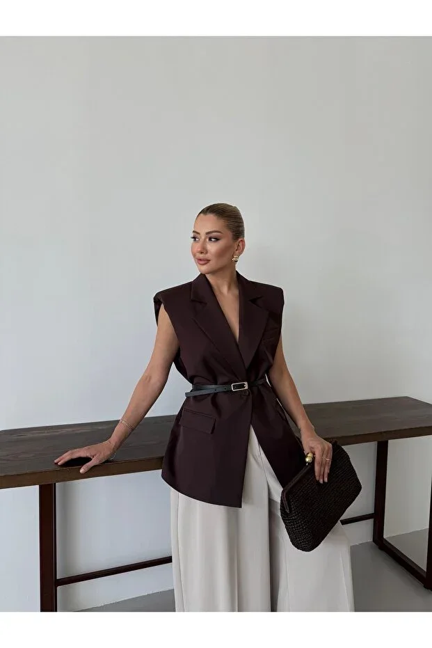 Elegant Oversize Vest with Gold Buckle Belt and Shoulder Pads