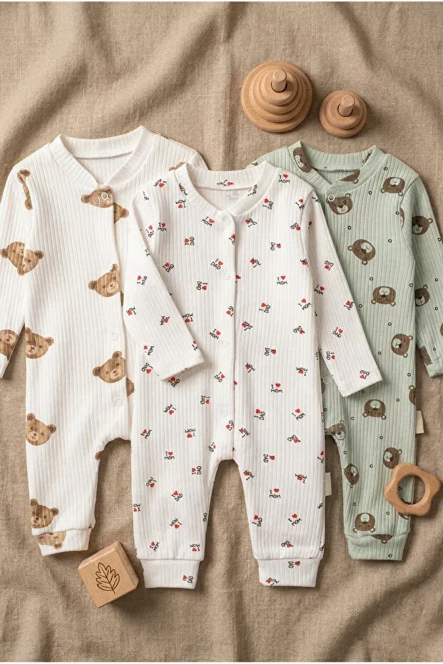 3-Piece Pack Bear Pattern Ribbed (Lycra) 100% Cotton Baby Bodysuit Set