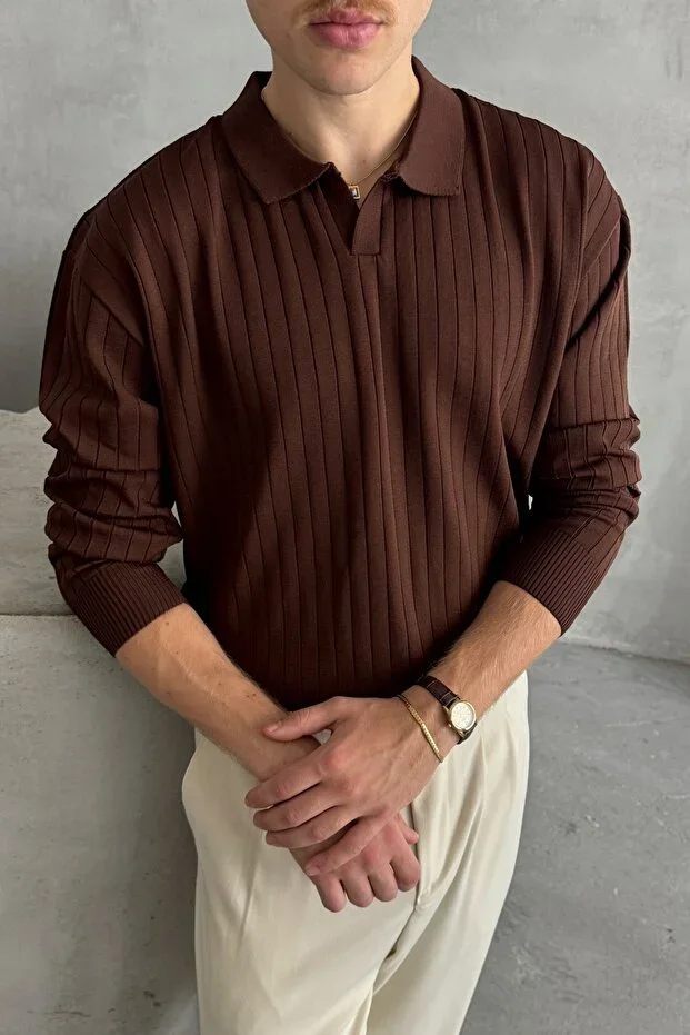 Men's Polo Neck Ribbed Oversize Knit Sweater