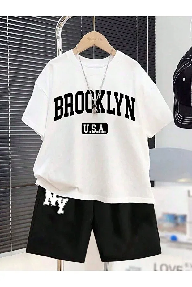 Kids Summer Brooklyn USA NY Printed Black Shorts, White T-Shirt Set (TAKE 1 SIZE LARGER) bb