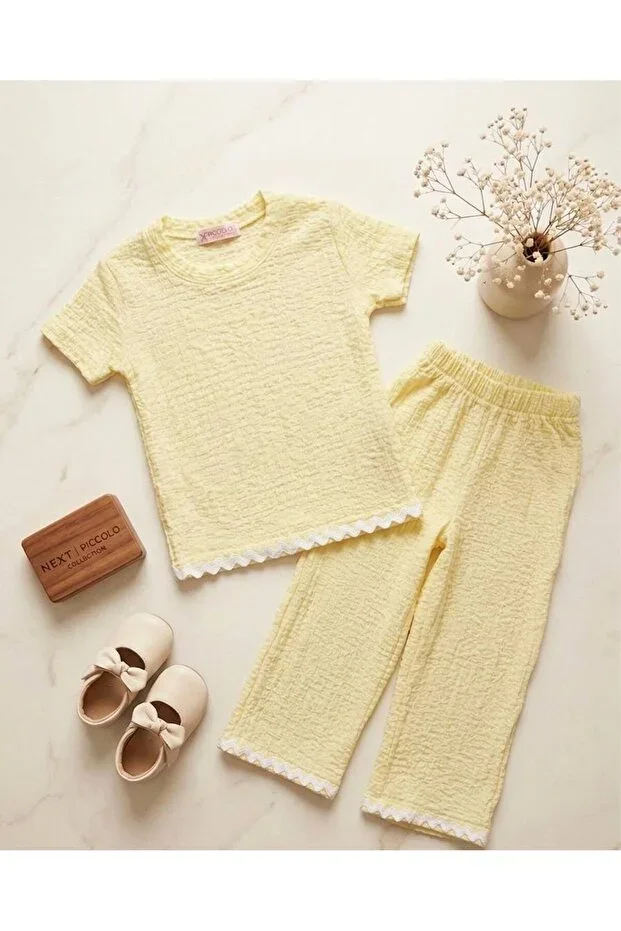GIRLS BUBBLE FABRIC SUMMER SHORT SLEEVE 2-PIECE SET