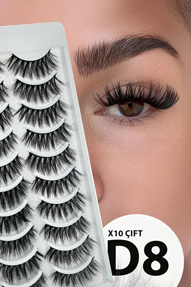 Natural Look Silk Full 10 Piece False Eyelash Set - 10 Pairs Real False Eyelashes - Model: D8