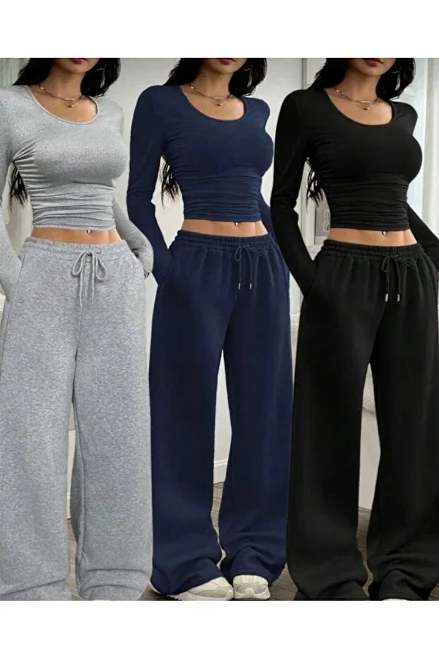 THREE PIECES BLACK GRAY NAVY LOOSE FIT STRAIGHT LEG SEASONAL FABRIC SWEATPANTS