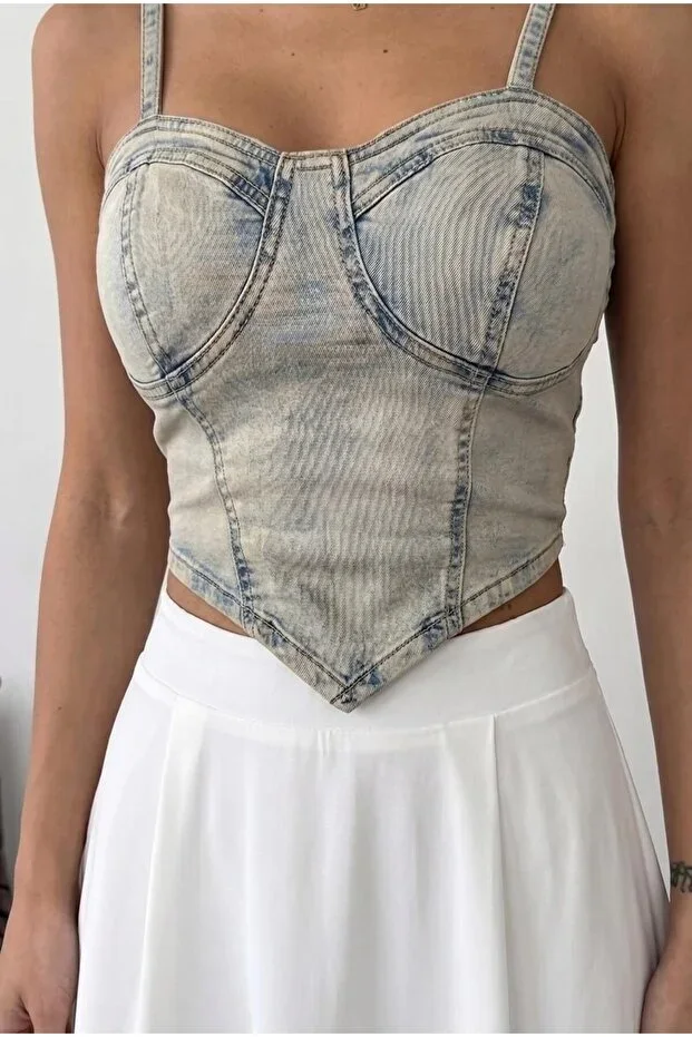 HerTon Denim Bustier Women's Strappy Crop Jean Top (Corset Shape)