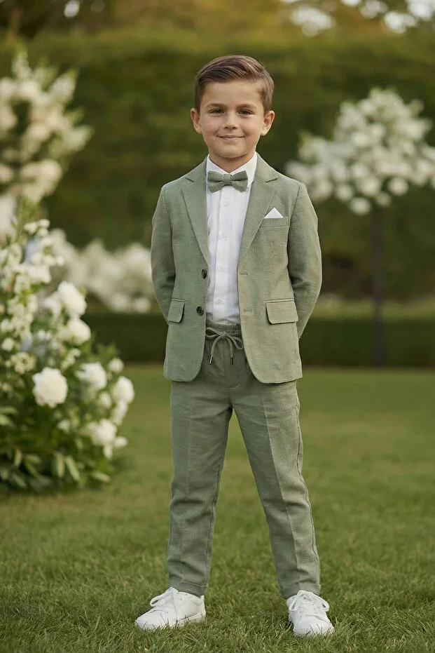 Boys' Flamed Linen Suit (Jacket, Shirt, Bow Tie, and Drawstring Pants) Pistachio Green