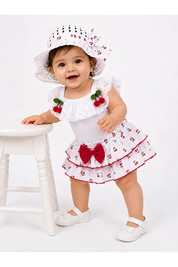 Baby Girl Cherry Patterned 3-Piece Set Lace Collar Bodysuit Skirt Hat Summer Set