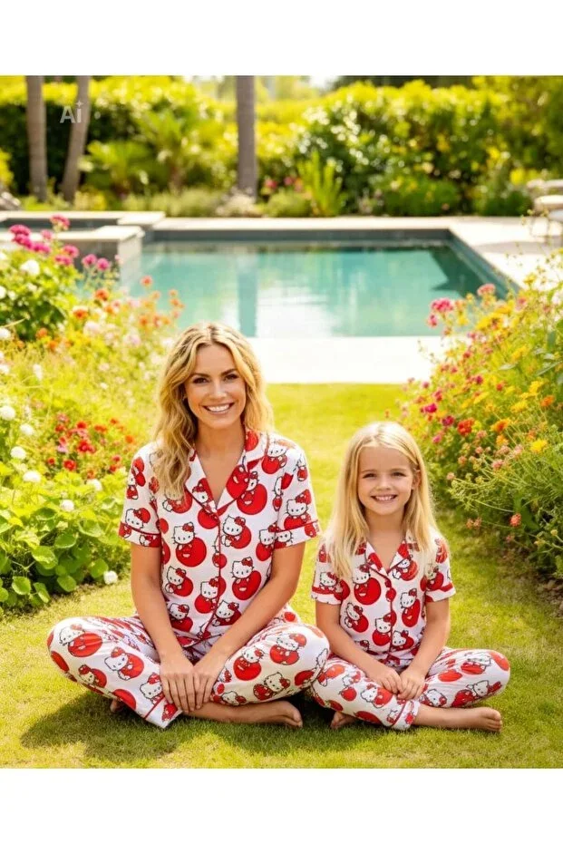 Hello Kitty Licensed Mother & Daughter Shirt Collar Button Soft 100% Cotton Women Children Pajama Set (Sold Separately) MOTHER'S DAY SPECIAL