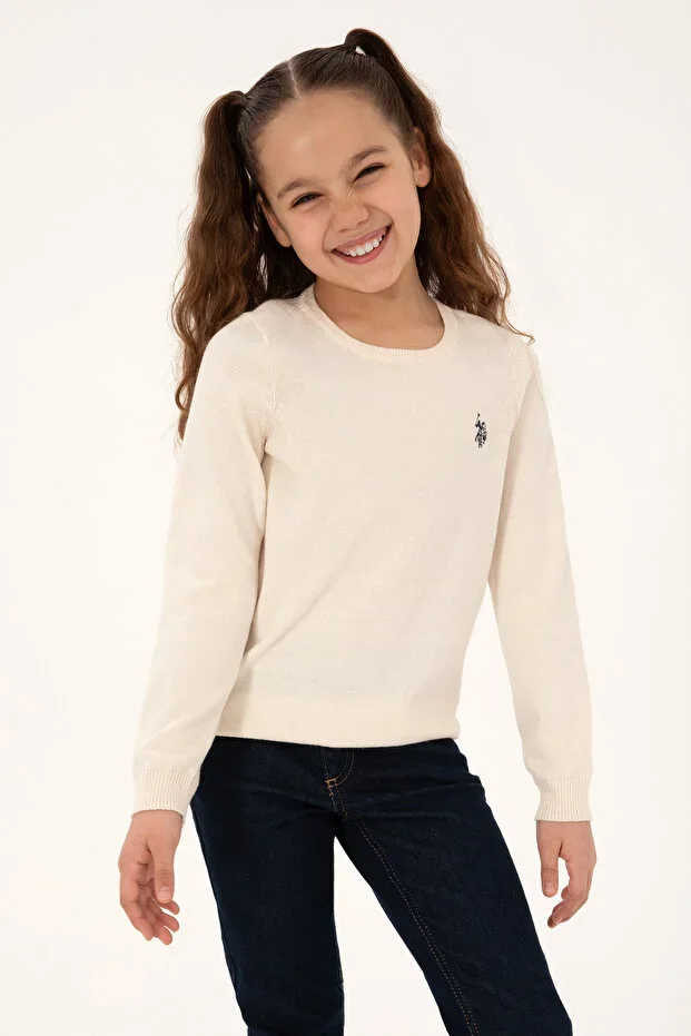 Girls Cream Crew Neck Basic Sweater 50293586-VR071