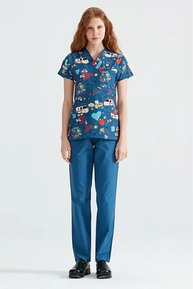 Indigo Ambulance Pattern Lycra Fabric Surgical Set V-Neck Uniform